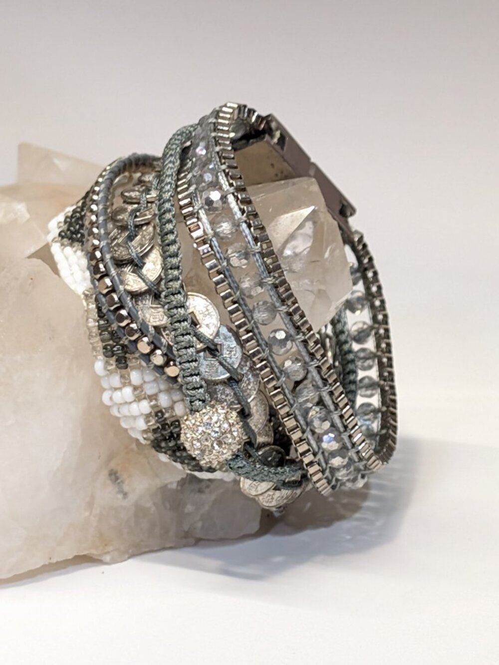 Victoria Emerson Attica Boho Cuff Bracelet Silver White Crystal Multi Strand